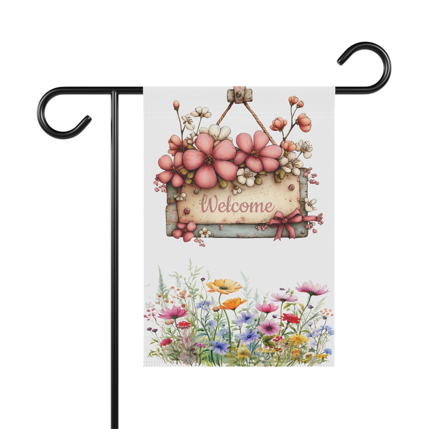 Outdoor garden flag featuring a rustic wooden hanging sign adorned with pink blossoms and script reading Welcome above a colorful wildflower meadow.
