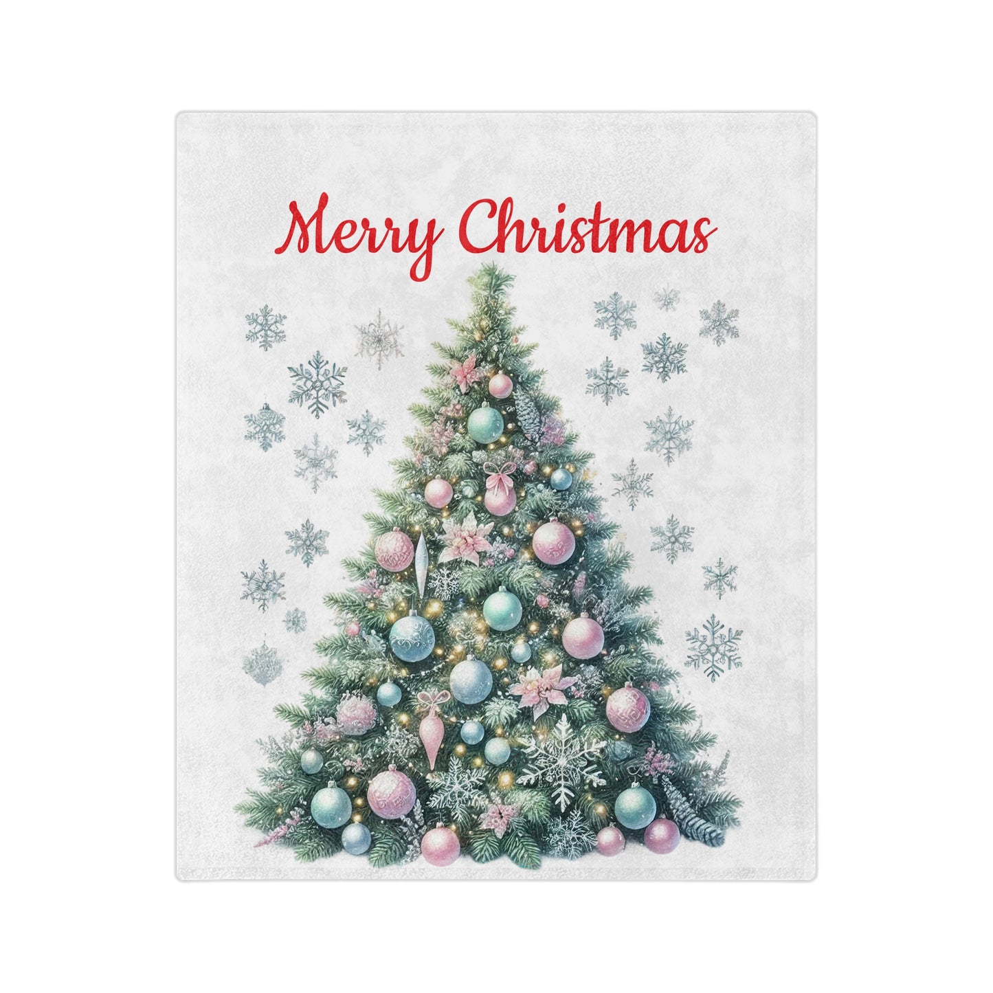 Christmas tree plush blanket with pastel ornaments and snowflakes, Merry Christmas text