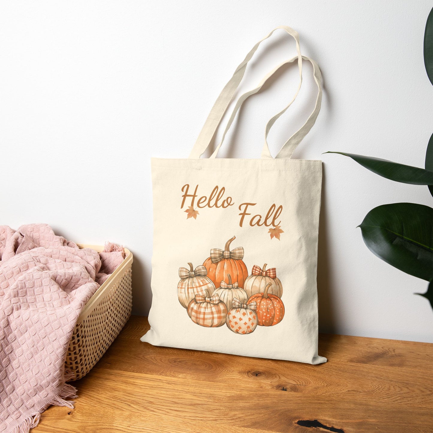 Hello Fall Watercolor Pumpkin Canvas Tote Bag