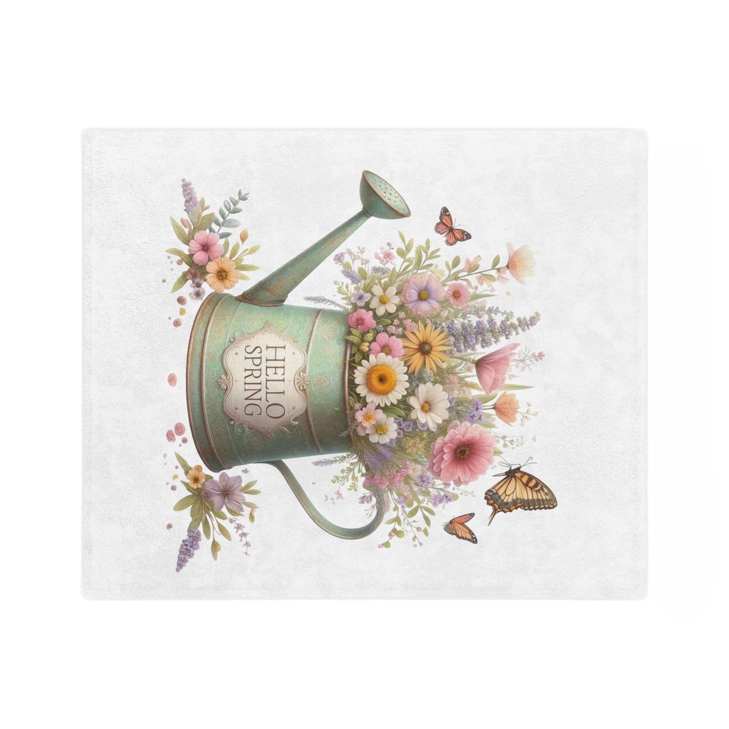 "Hello Spring" Floral Watering Can Velveteen Blanket