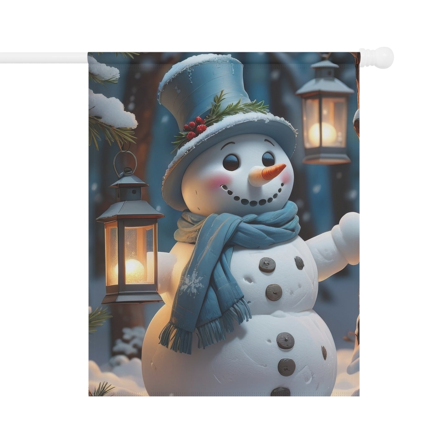 Cheerful Snowman in Blue Garden Flag