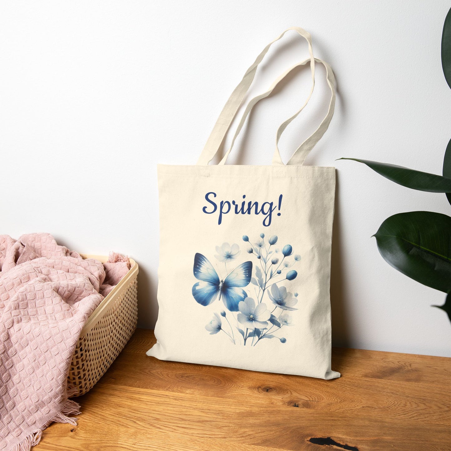 Elegant Blue Butterfly & Floral Canvas Tote Bag