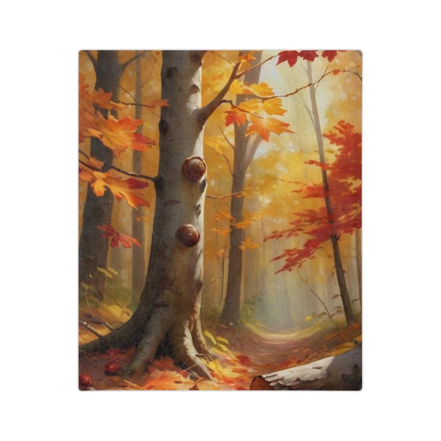 Lightweight velveteen blanket with an autumn forest path design, featuring vibrant red and orange leaves and sunlit trees.

