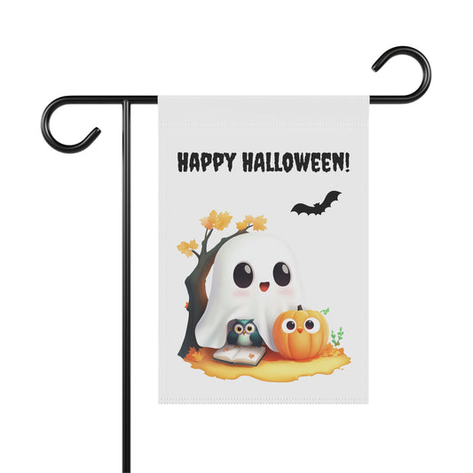 Cute white ghost under an autumn tree sheltering a small owl reading a book next to a pumpkin with HAPPY HALLOWEEN! text and a bat on a white garden flag, White outdoor garden flag on a metal stand featuring cute ghost owl reading book and pumpkin artwork with HAPPY HALLOWEEN! lettering, Cute ghost and owl Halloween yard flag for outdoor front porch and garden decor