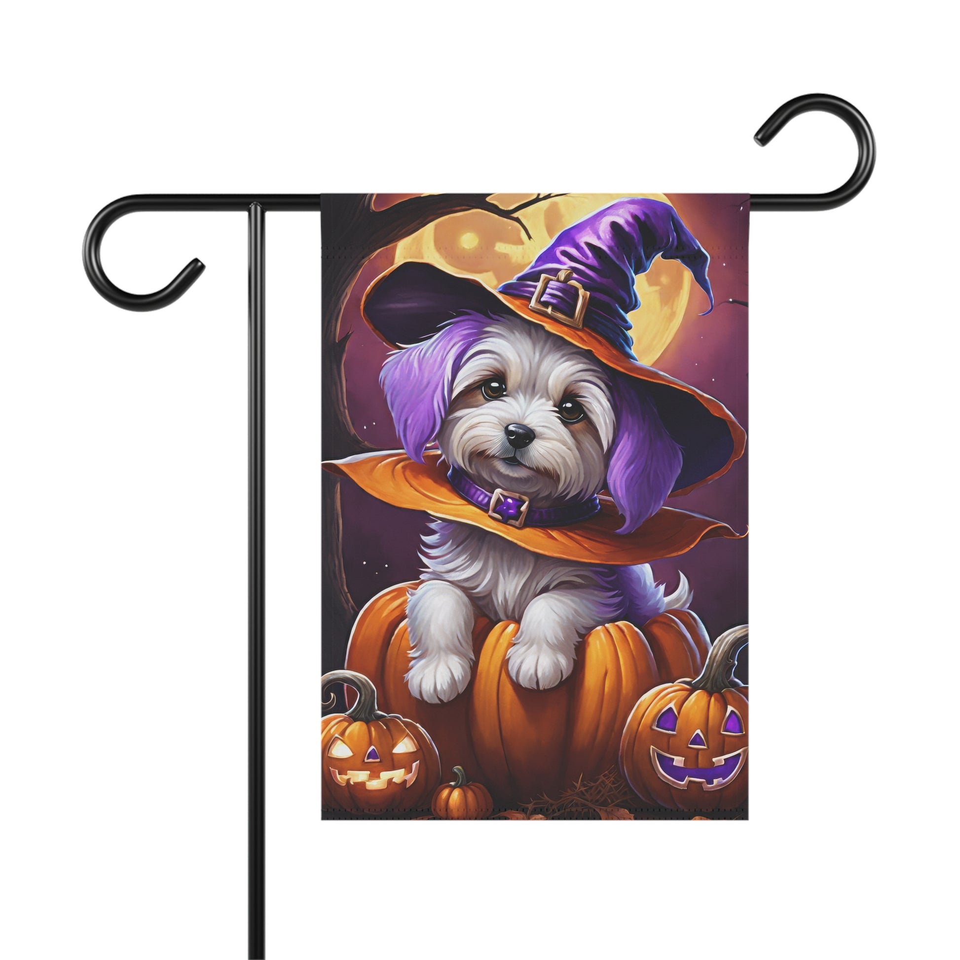 Cute Halloween garden flag with white puppy in witch hat sitting in pumpkin with jack-o'-lanterns