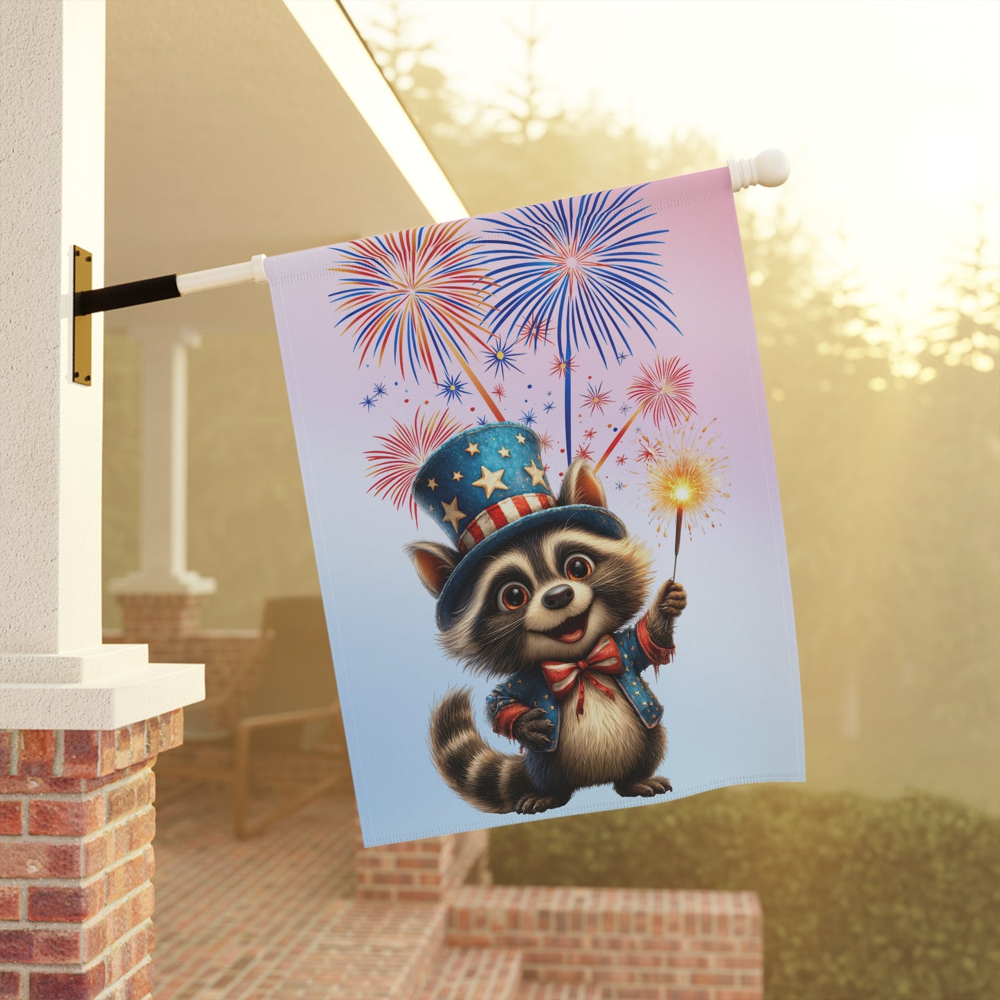 Happy Raccoon Patriotic Garden Flag