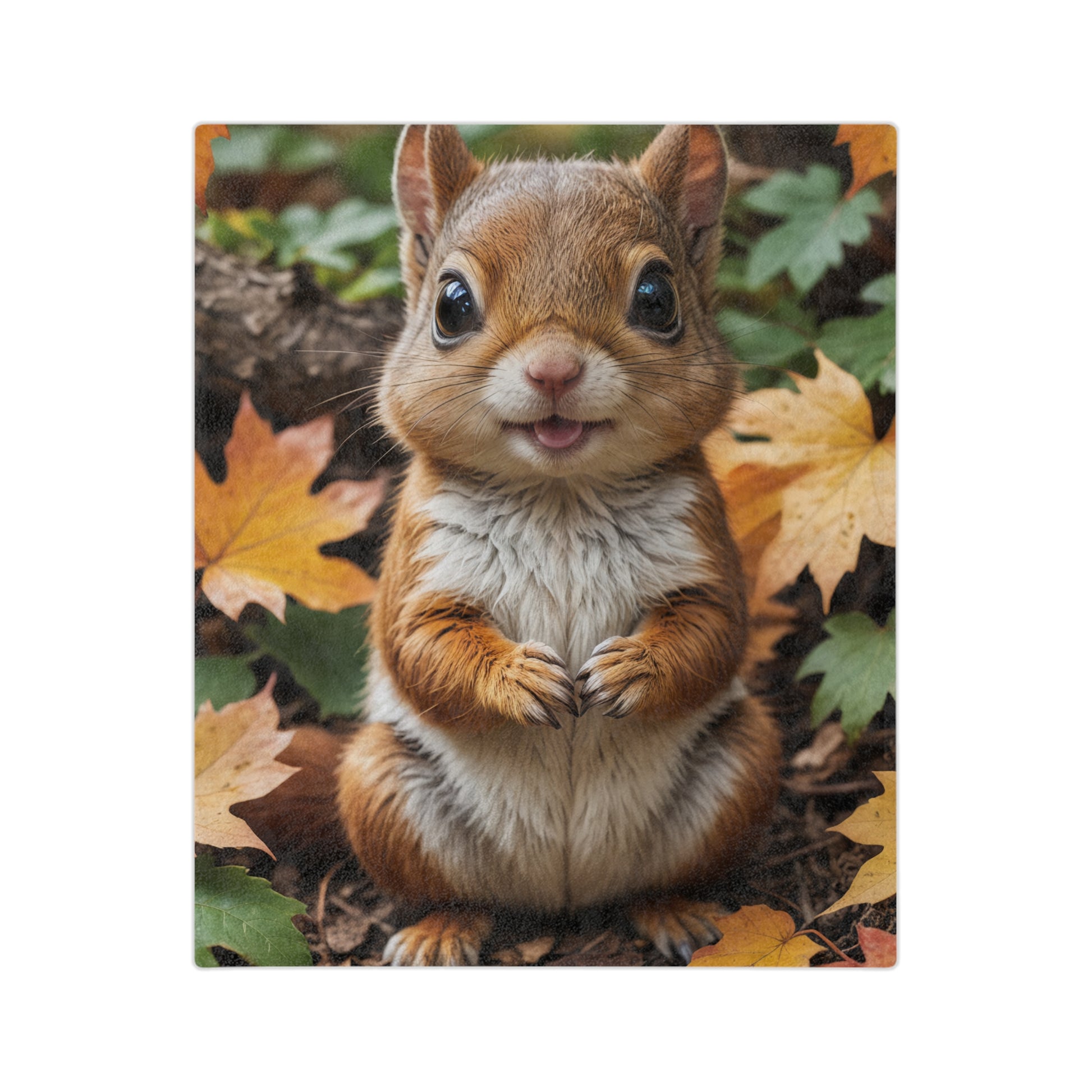 Velveteen blanket with a very cute and fluffy baby squirrel with large, shiny eyes, smiling with its paws clasped together, surrounded by orange and yellow autumn leaves.

