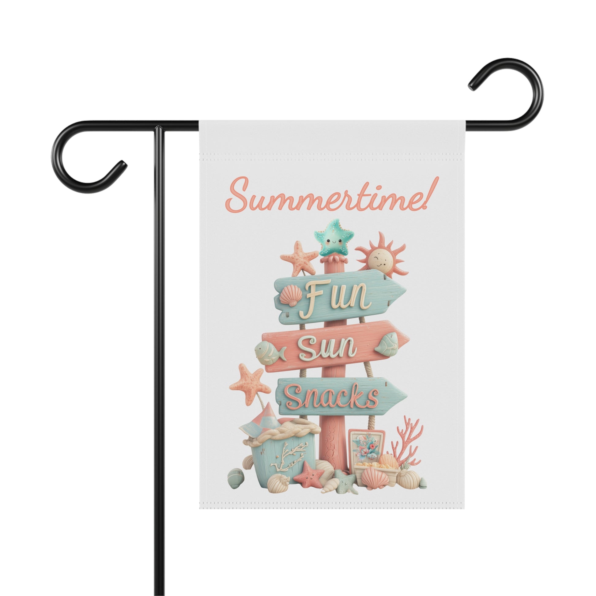 Summer garden flag featuring a pastel-colored wooden signpost with directional arrows reading Fun, Sun, and Snacks, surrounded by smiling sea creatures, shells, and coral under text that reads Summertime.
