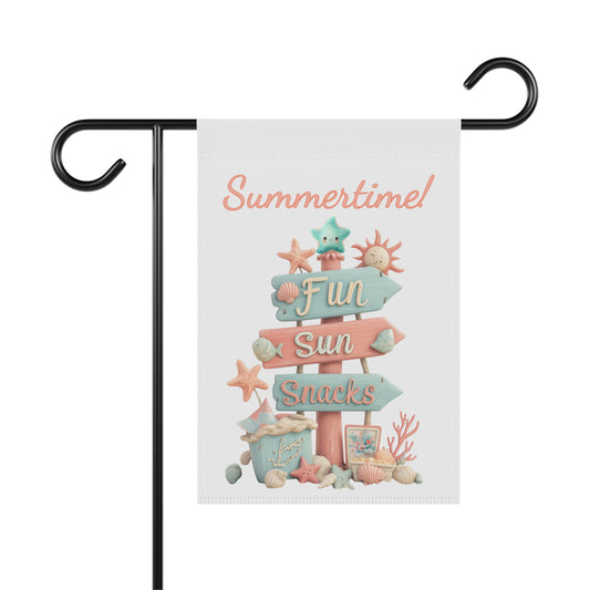 Summer garden flag featuring a pastel-colored wooden signpost with directional arrows reading Fun, Sun, and Snacks, surrounded by smiling sea creatures, shells, and coral under text that reads Summertime.
