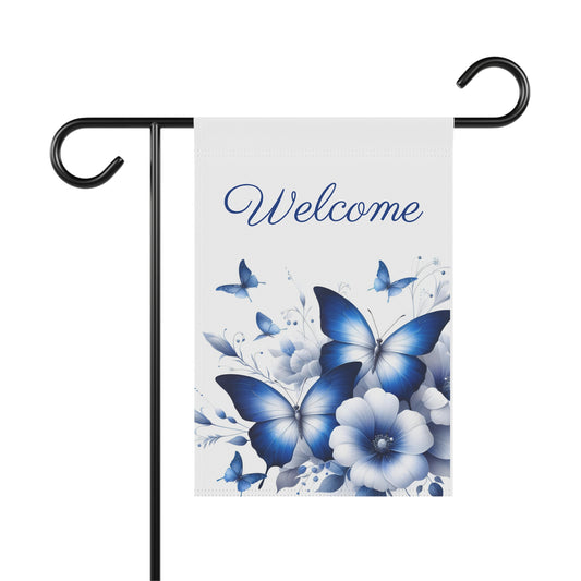 Welcome garden flag with blue butterflies and white flowers, elegant and peaceful spring or summer outdoor yard decoration