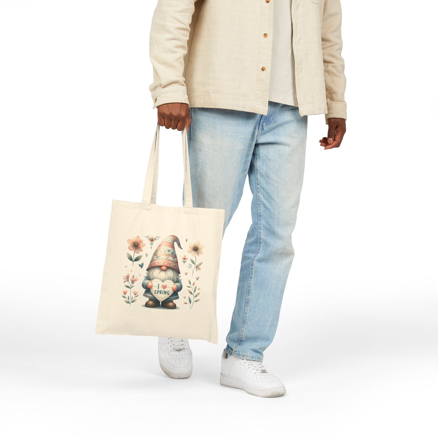 Cute "I Love Spring" Garden Gnome Canvas Tote Bag