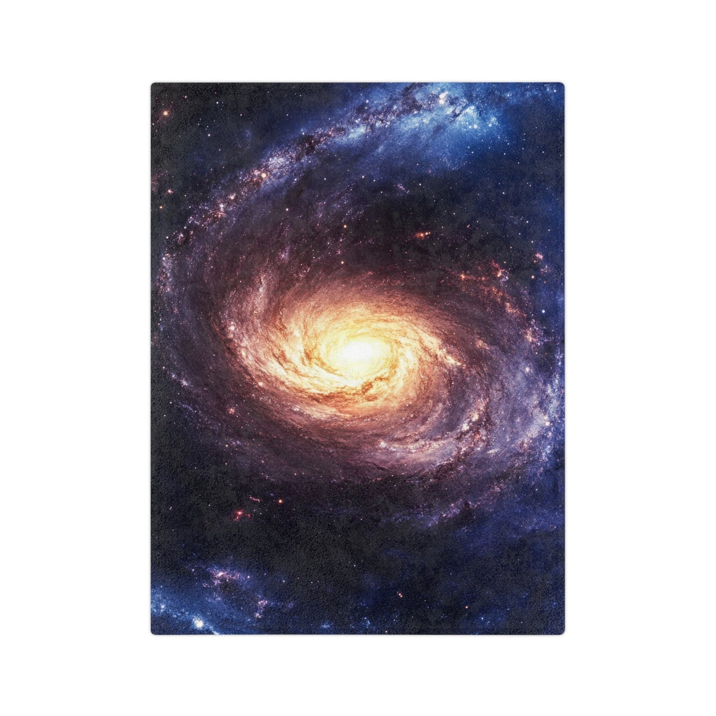 Velveteen plush blanket with a vivid spiral galaxy print featuring a yellow core and blue arms