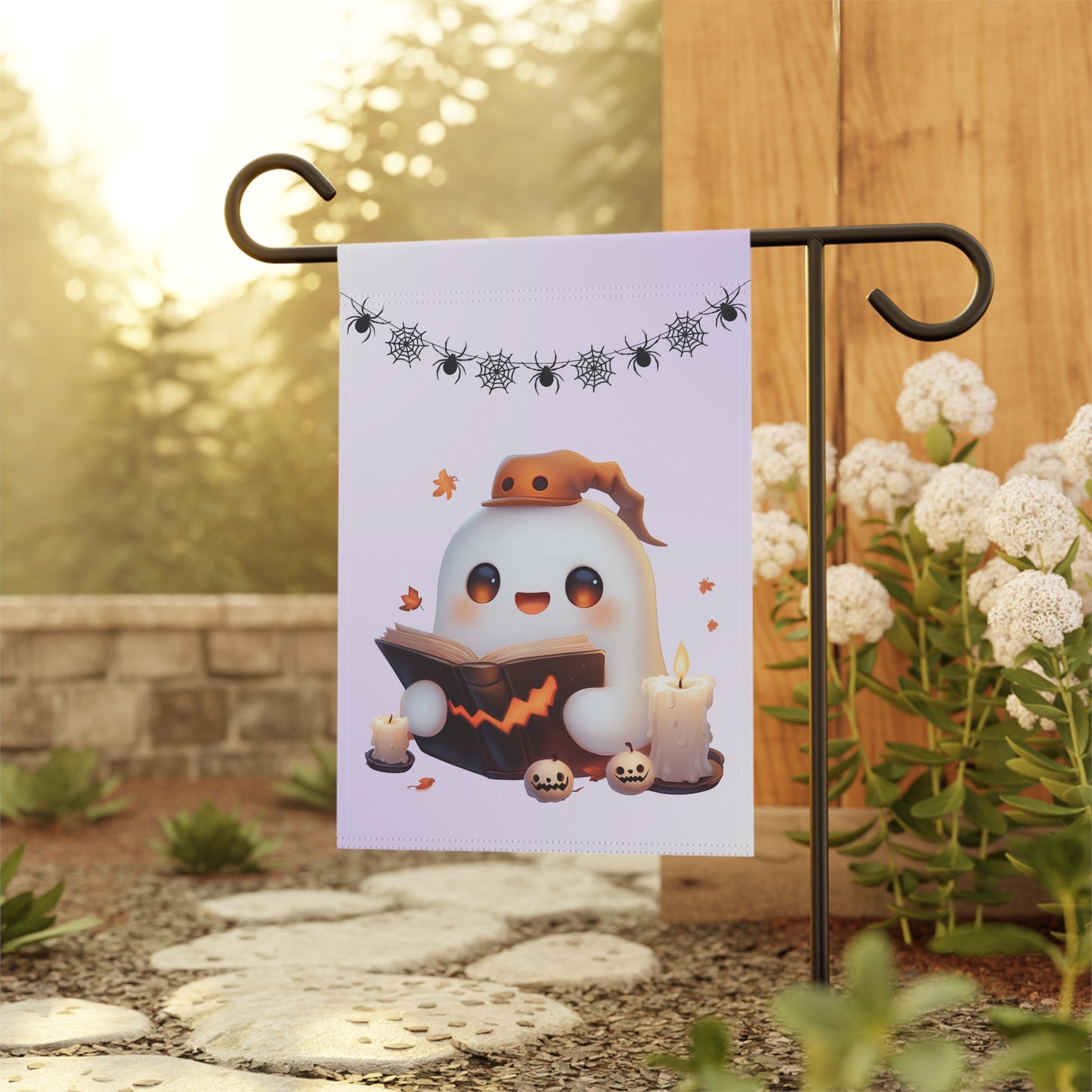 Cute Ghost Reading Spell Book Garden Flag