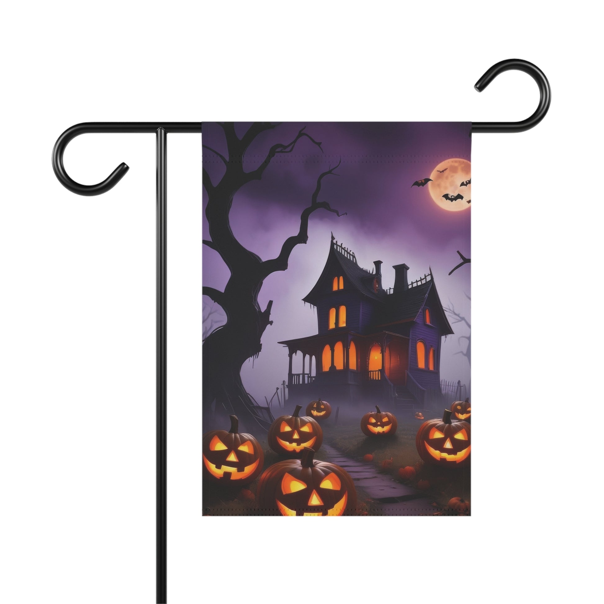 Halloween garden flag with a spooky haunted house, glowing jack-o'-lanterns, bats flying under a full moon, and a purple sky.