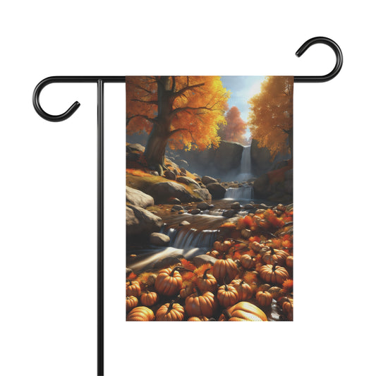Autumn garden flag with a large pumpkin patch, a waterfall, and fall trees