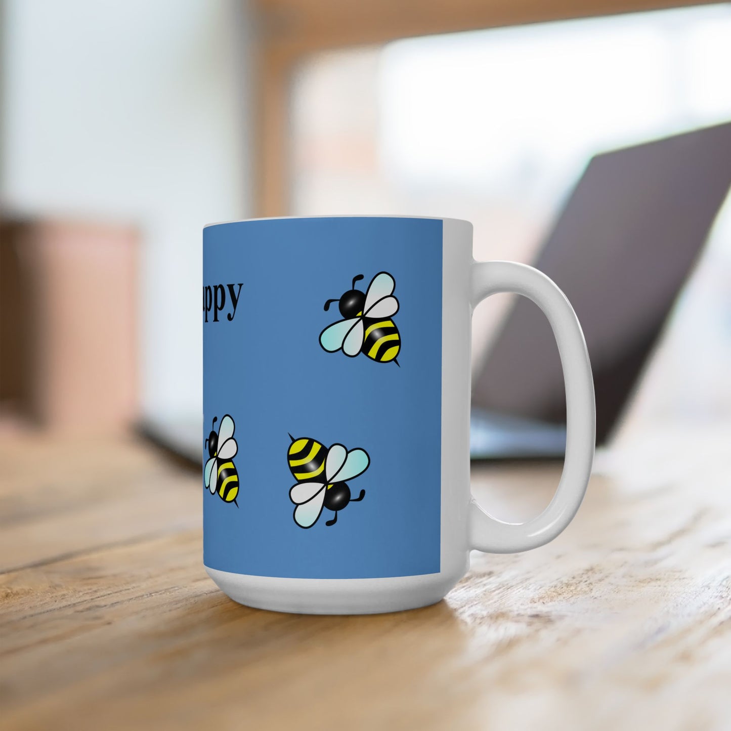 "Bee Happy" Blue Coffee Mug