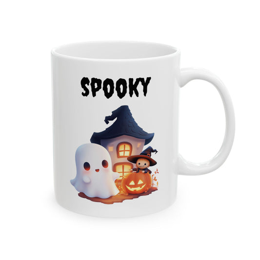 Cute friendly ghost witch character and glowing pumpkin in front of a haunted house with Spooky text printed on a white ceramic Halloween mug, White ceramic Halloween coffee cup featuring a cute ghost haunted house and jack-o'-lantern design with Spooky text, Cute haunted house and ghost ceramic coffee mug for autumn spooky season drinkware