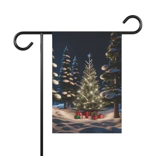Glowing Christmas tree garden flag in a snowy forest with wrapped presents at its base, surrounded by snow-dusted pine trees under a dark sky, on a black metal garden flag stand

