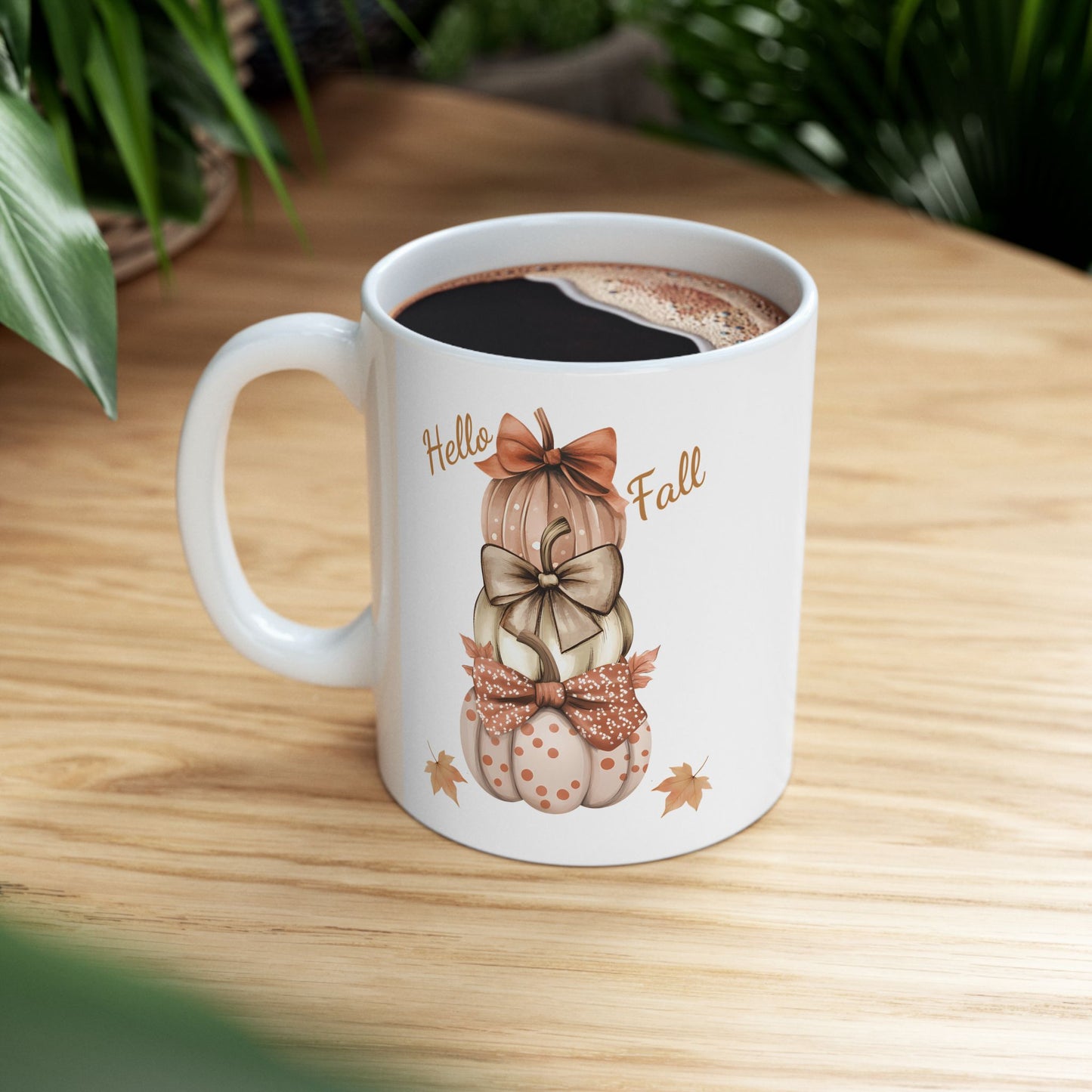 "Hello Fall" Bowed Pumpkin Stack Coffee Mug