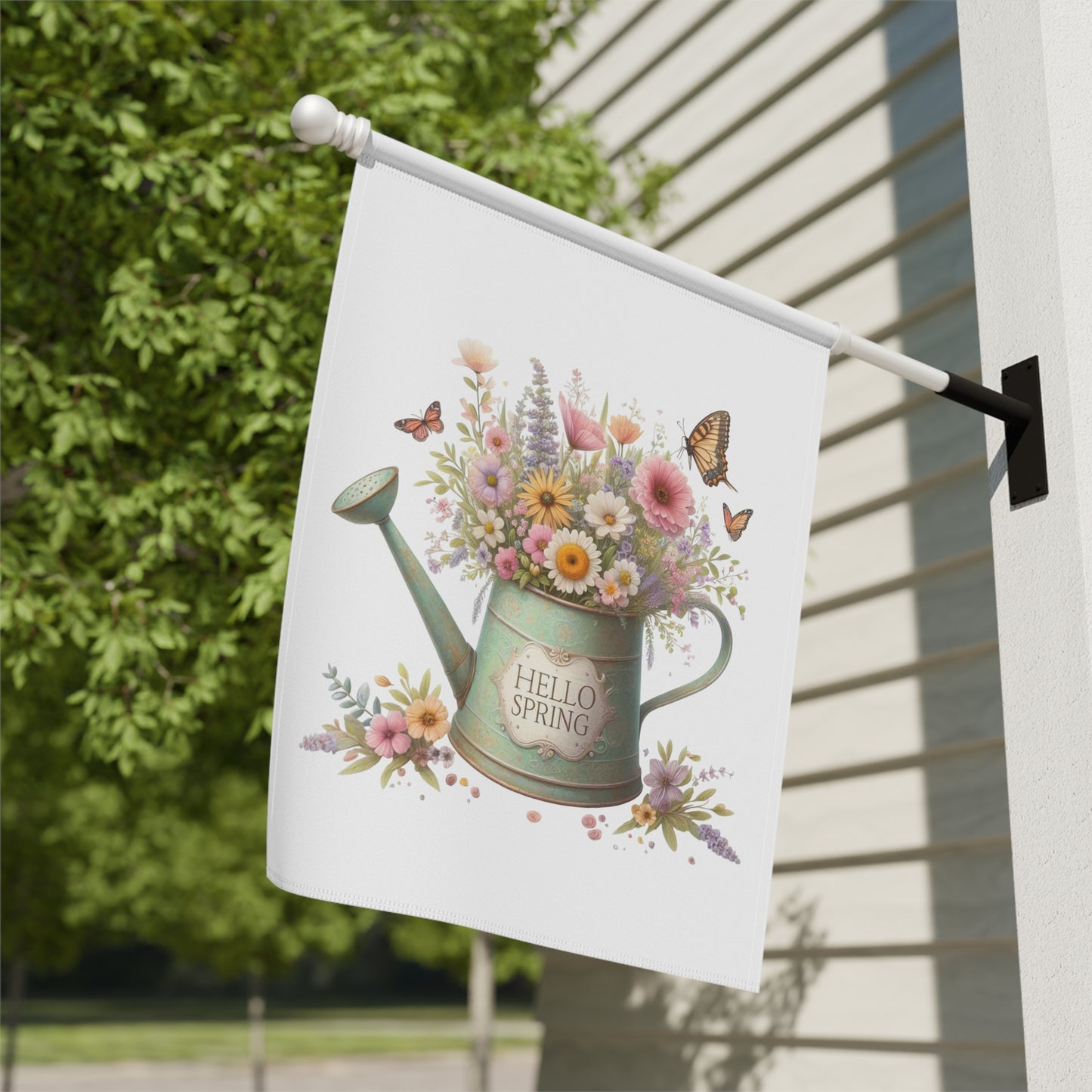 "Hello Spring" Watering Can Garden Flag with Floral Bouquet