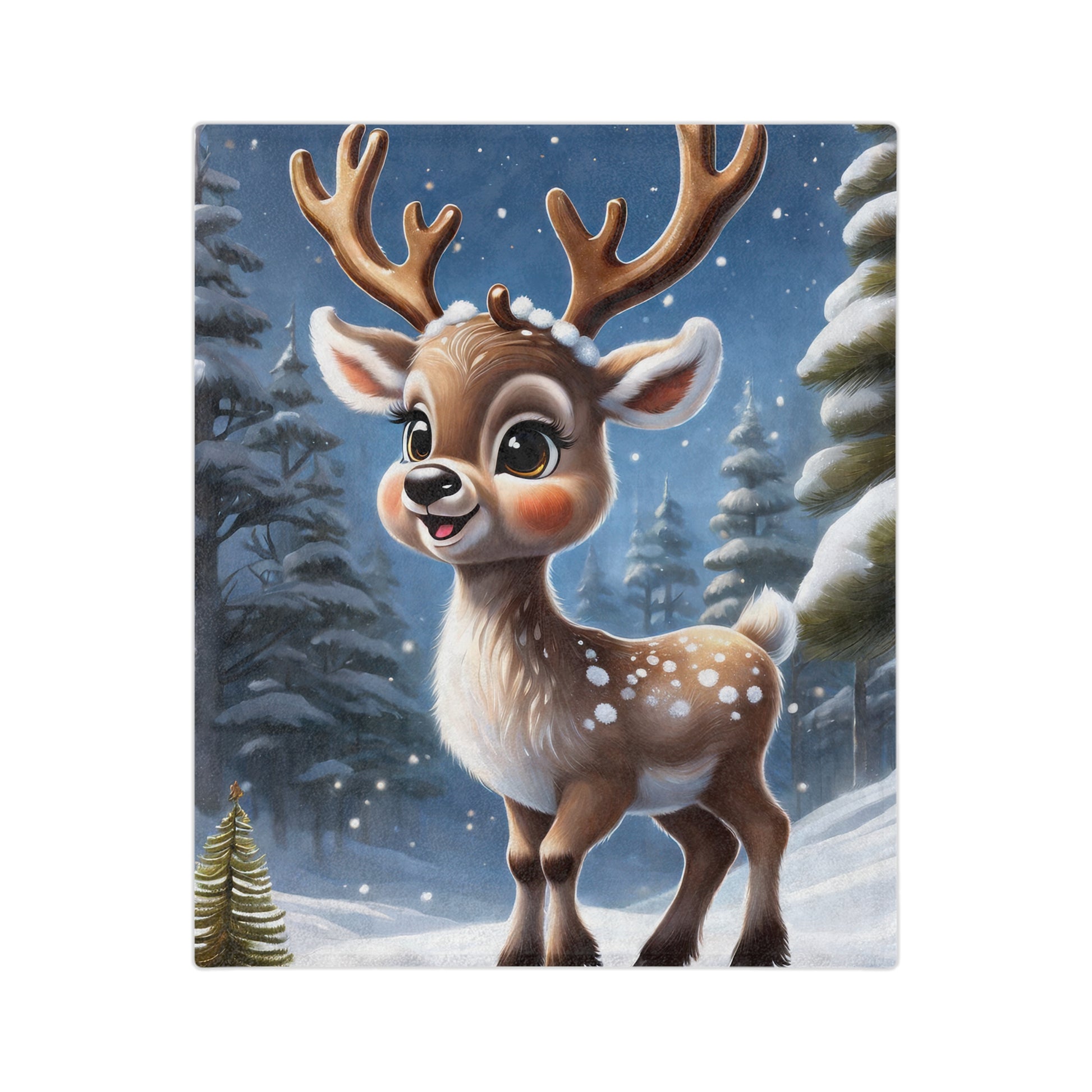 Cute baby reindeer velveteen blanket with snowy forest background and festive charm