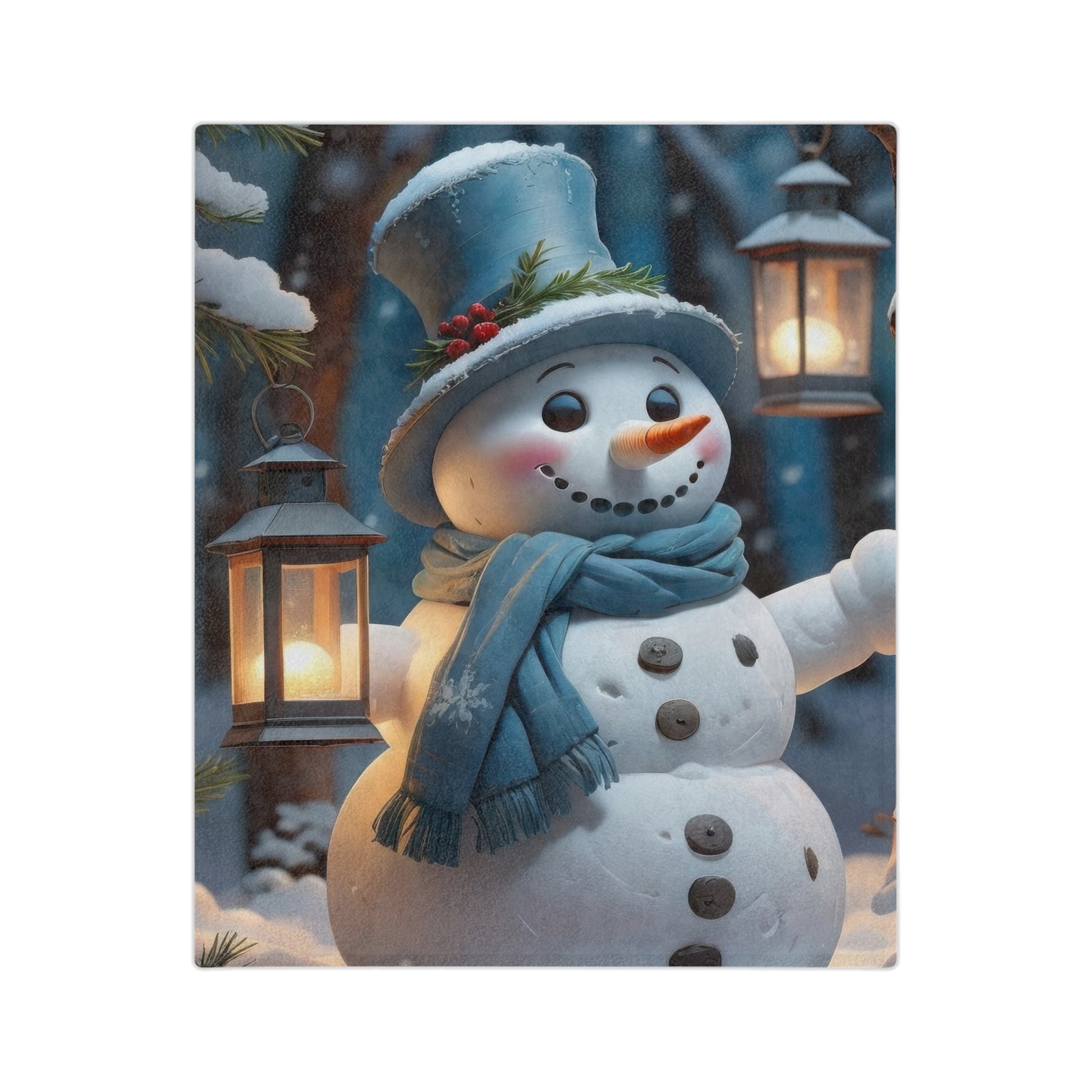 Snowman holding lanterns in a snowy forest wearing a blue scarf and hat on a velveteen plush holiday blanket