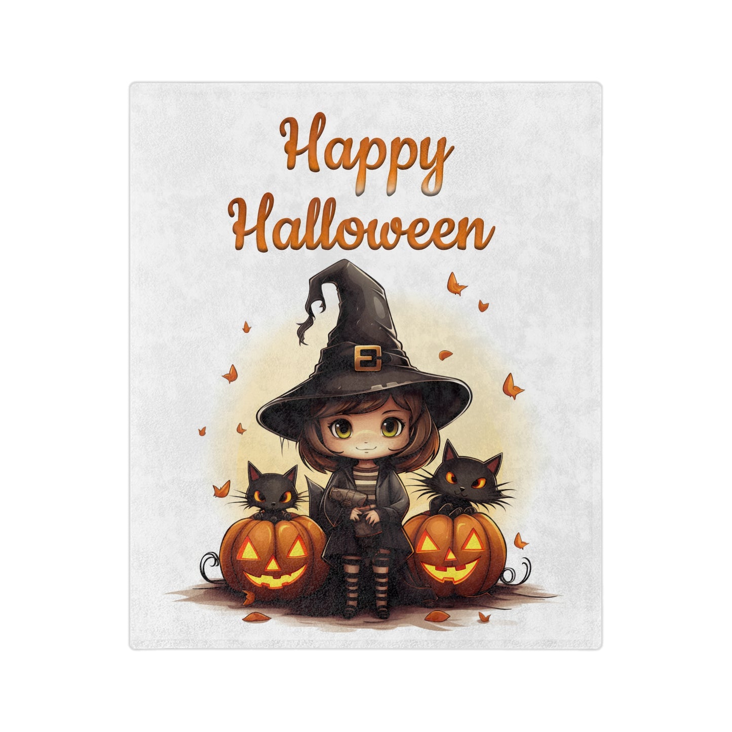Happy Halloween velveteen blanket with a cartoon chibi witch wearing a hat, standing between two carved pumpkins with glowing yellow eyes and black cats on top, with autumn leaves falling around them.


