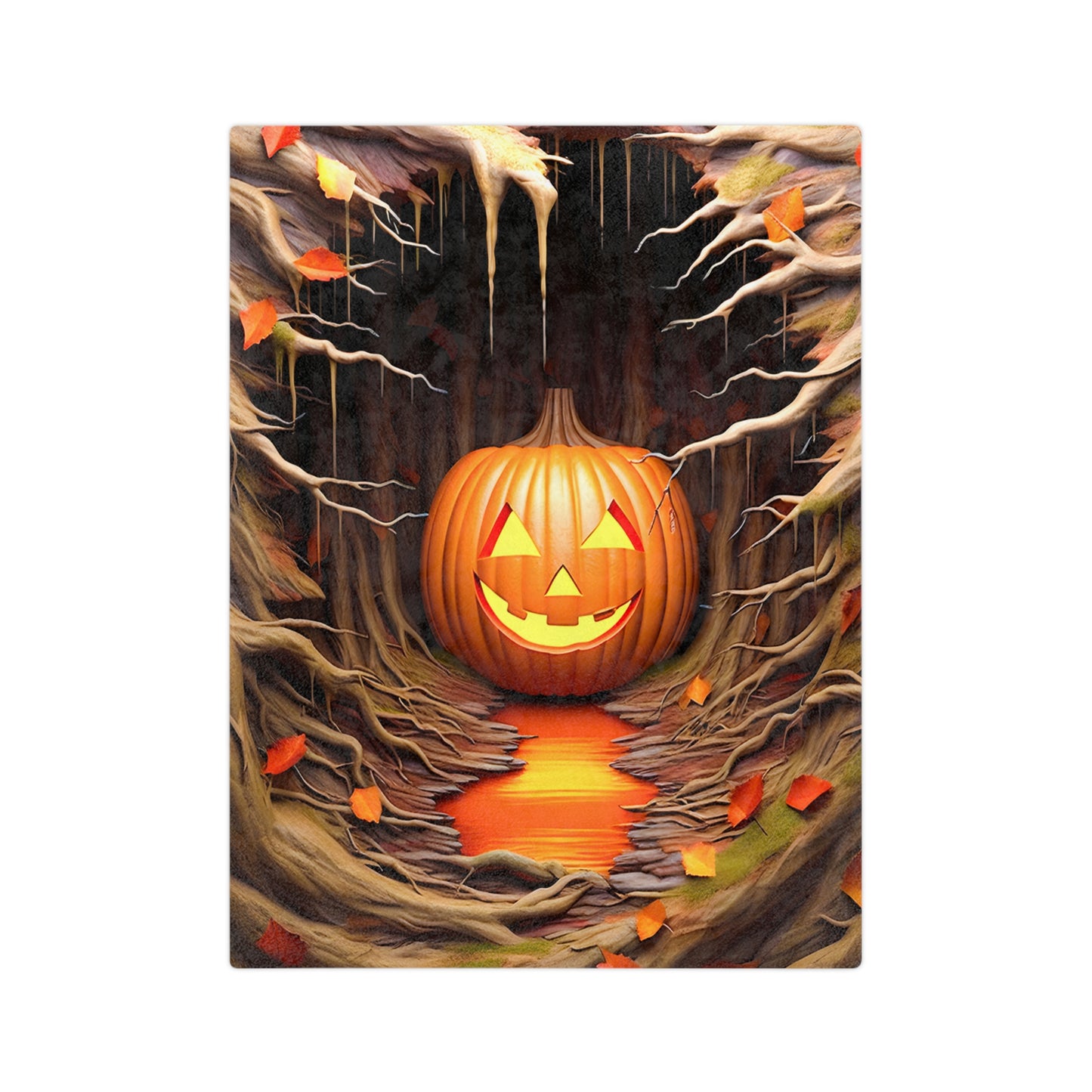 Halloween blanket with a glowing jack-o'-lantern inside a spooky tree hollow with roots, reflecting light in a puddle, and autumn leaves.

