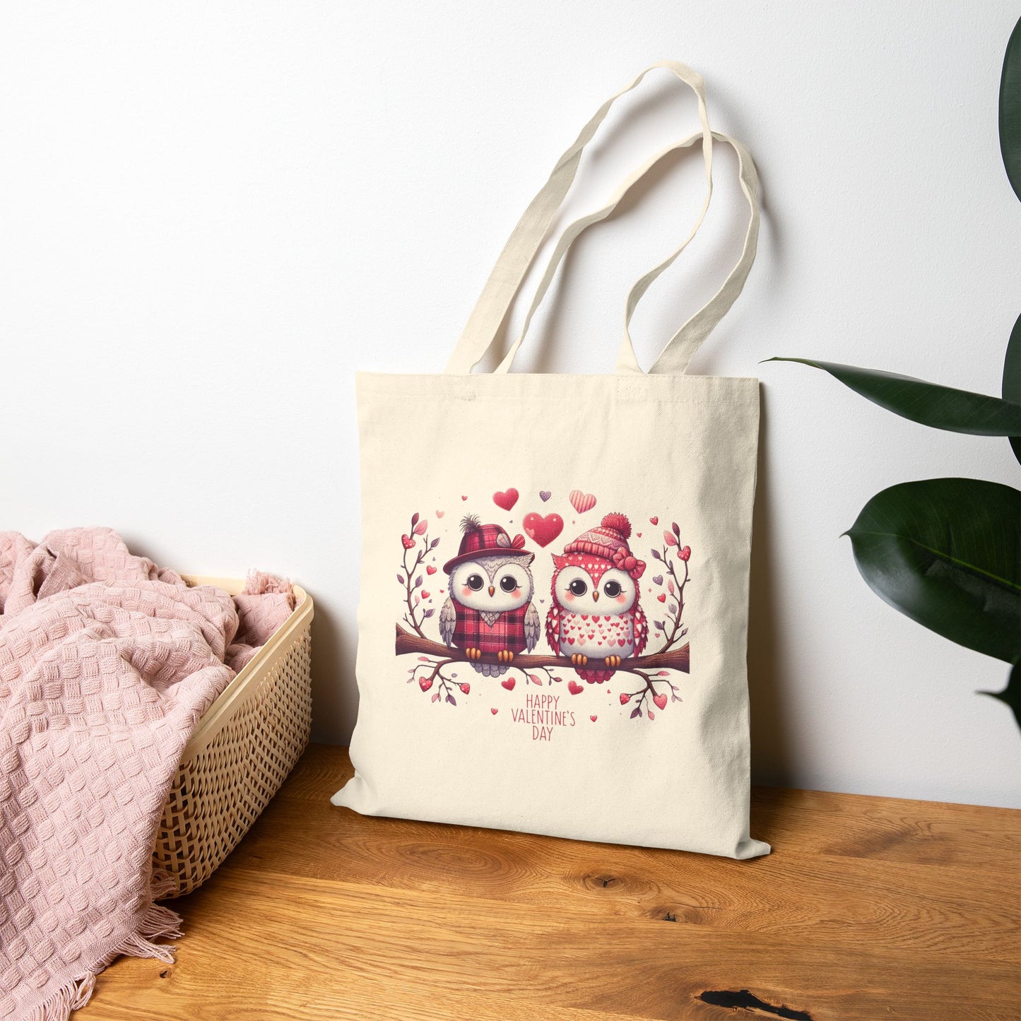 "Happy Valentine's Day" Owl Couple Canvas Tote Bag