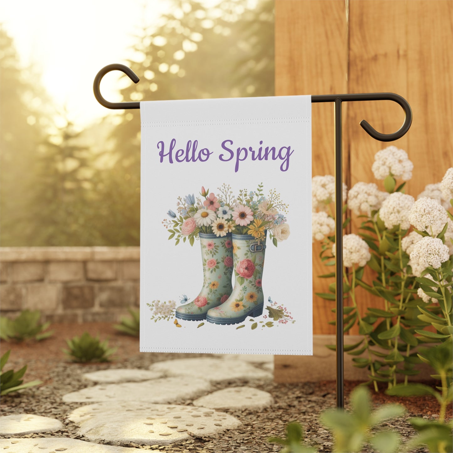 "Hello Spring" Garden Flag with Floral Rain Boots