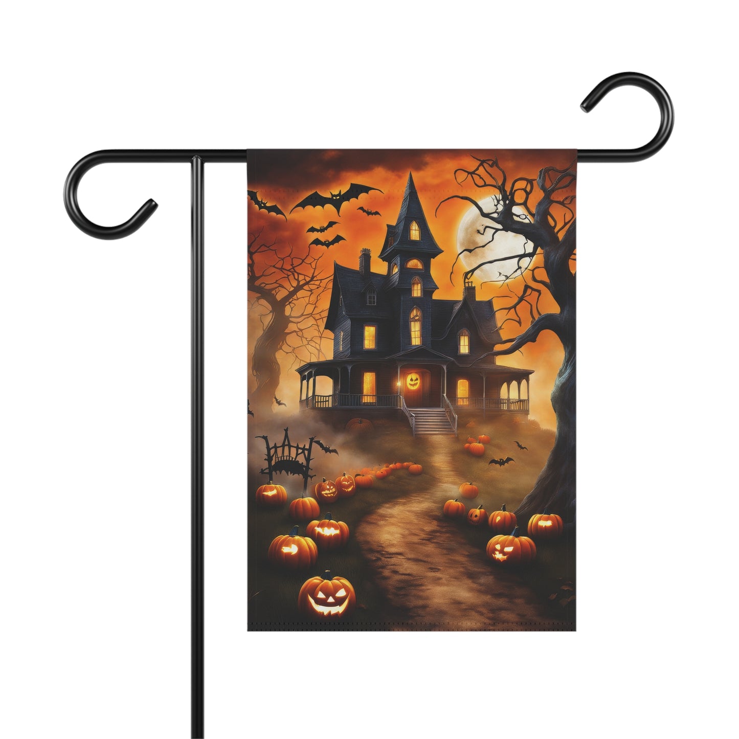 Halloween garden flag with haunted mansion, glowing pumpkins, bats, and full moon on an orange sky