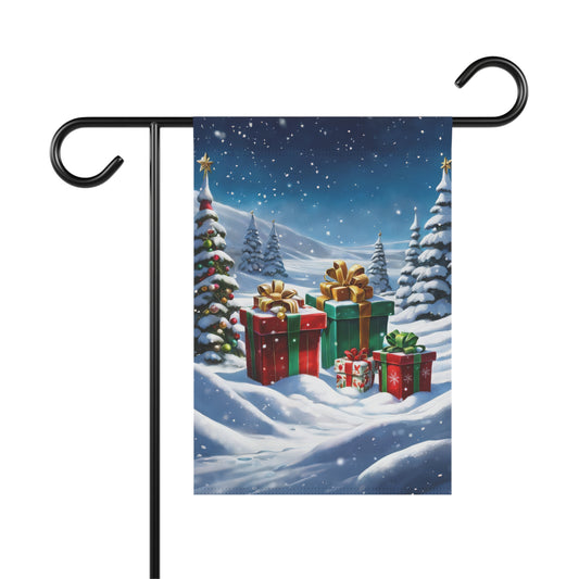 Festive Christmas presents garden flag with red and green gift boxes in a snowy landscape with decorated evergreen trees and falling snowflakes, holiday outdoor decor.

