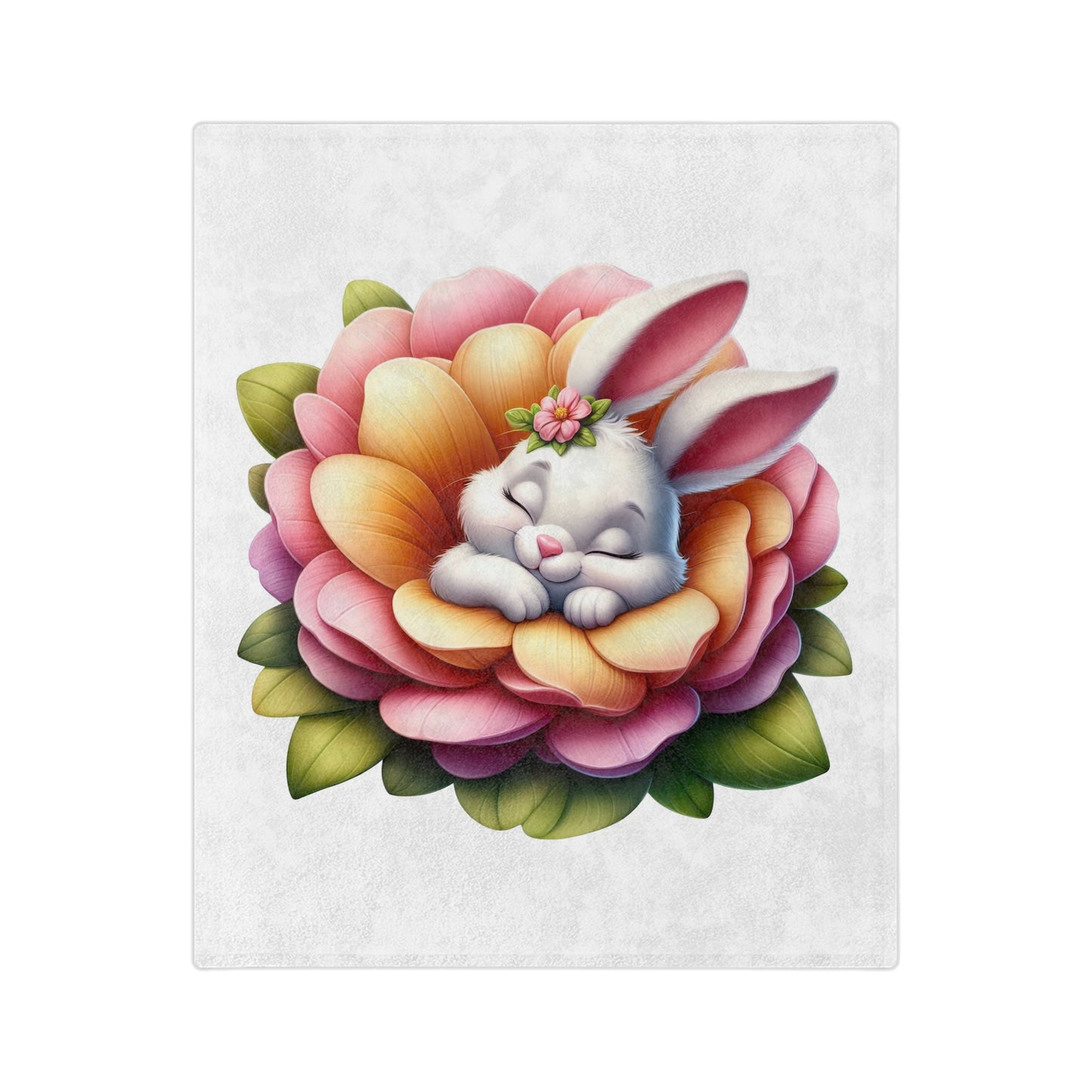 Lightweight white velveteen blanket featuring a cute white bunny sleeping peacefully inside a pink and peach flower with green leaves, and a small pink flower on its head.

