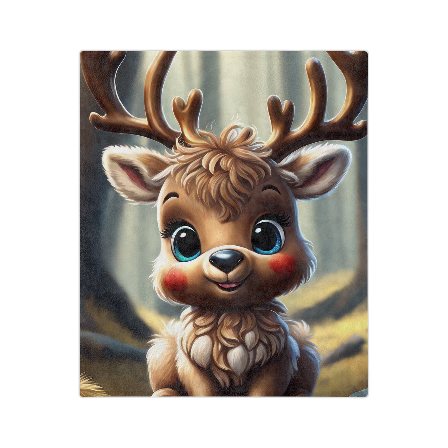 Plush blanket with adorable baby reindeer illustration, large blue eyes, and rosy cheeks in a forest scene