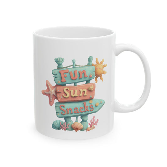 Summer ceramic coffee mug featuring a pastel-colored wooden signpost with directional layers reading Fun, Sun, and Snacks, surrounded by a smiling sun, starfish, seashells, and coral reef elements.