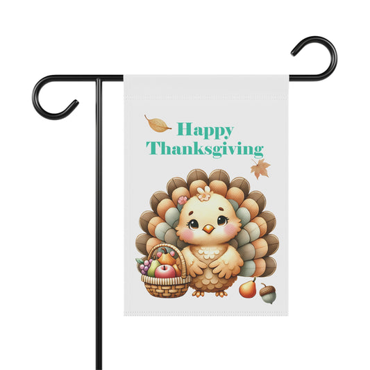 Thanksgiving garden flag with cute cartoon turkey, harvest basket, and “Happy Thanksgiving” text
