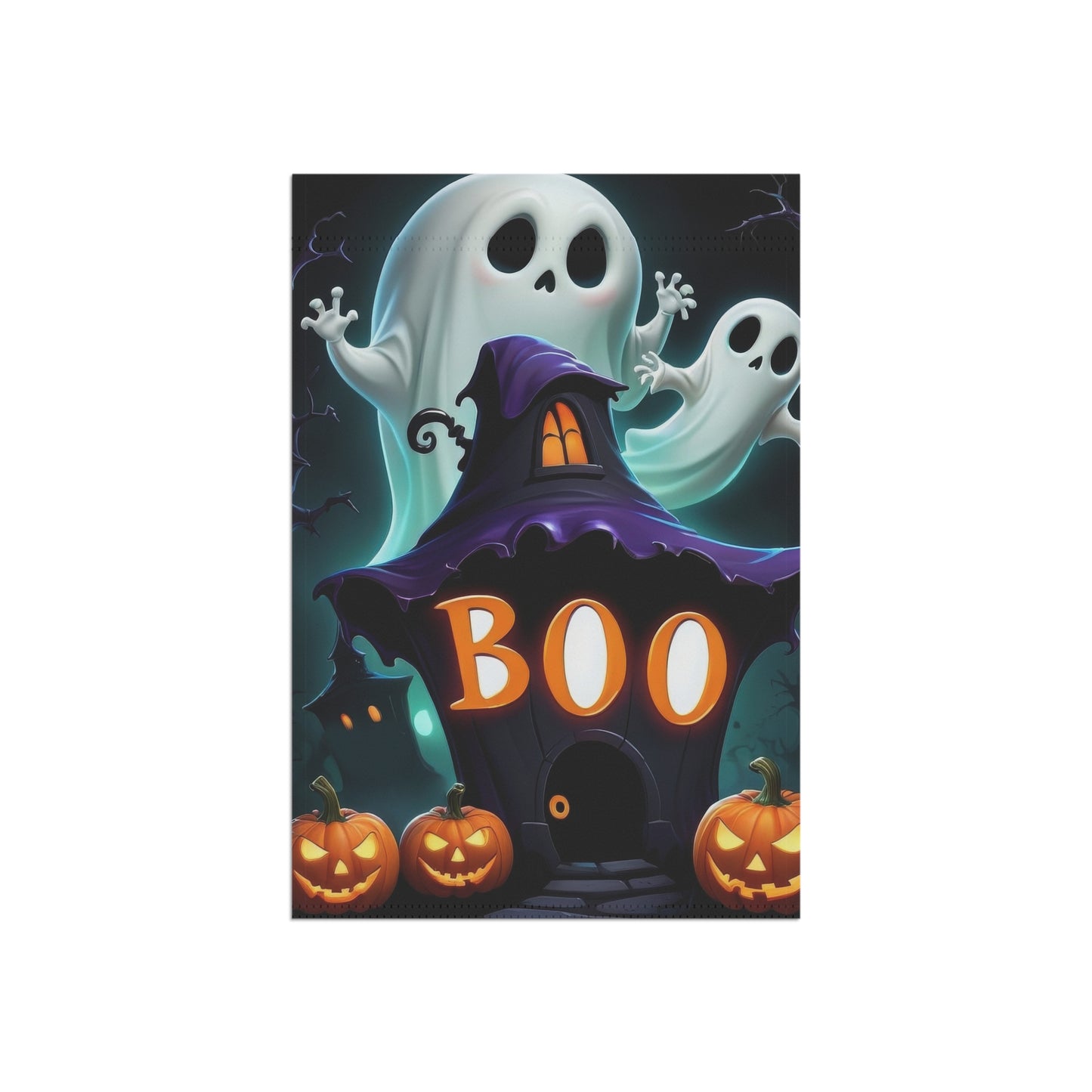 BOO Halloween Garden Flag with Ghosts and Pumpkins