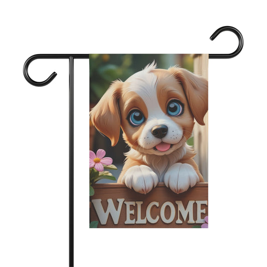 Cartoon puppy dog welcome garden flag with flowers and wood sign
