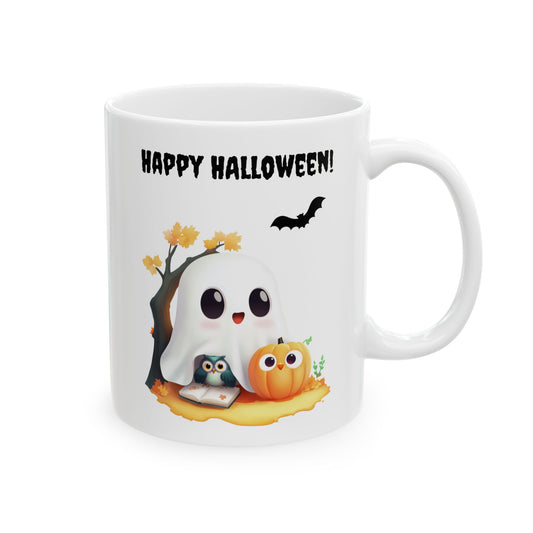 Cute ghost and pumpkin artwork printed on a white ceramic Halloween coffee mug.