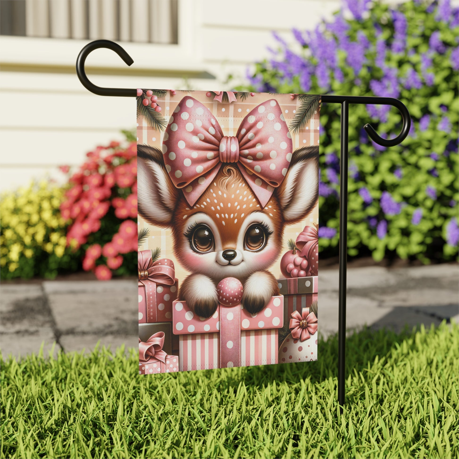 Adorable baby fawn garden flag with big eyes, a large pink polka-dot bow, and surrounded by pink Christmas presents, on a black metal garden flag stand

