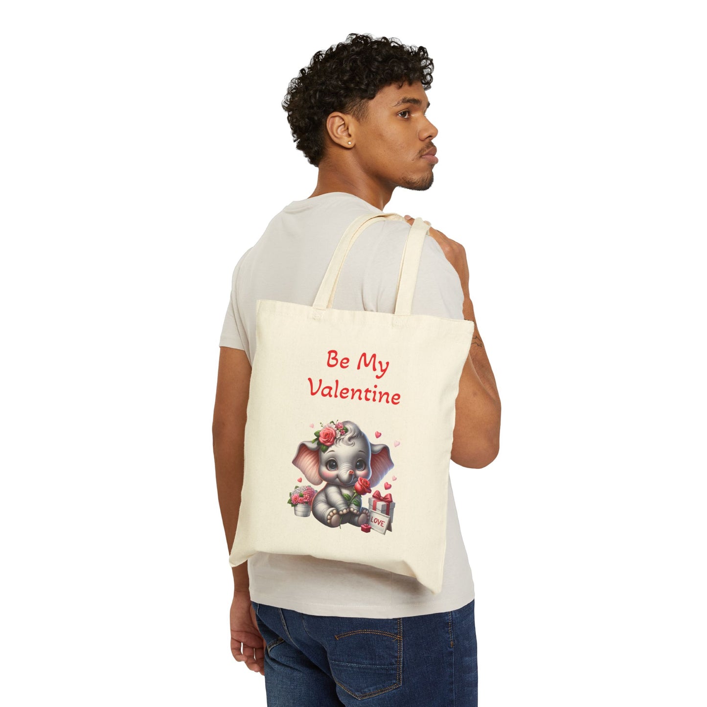 Be My Valentine Elephant Canvas Tote Bag with Roses