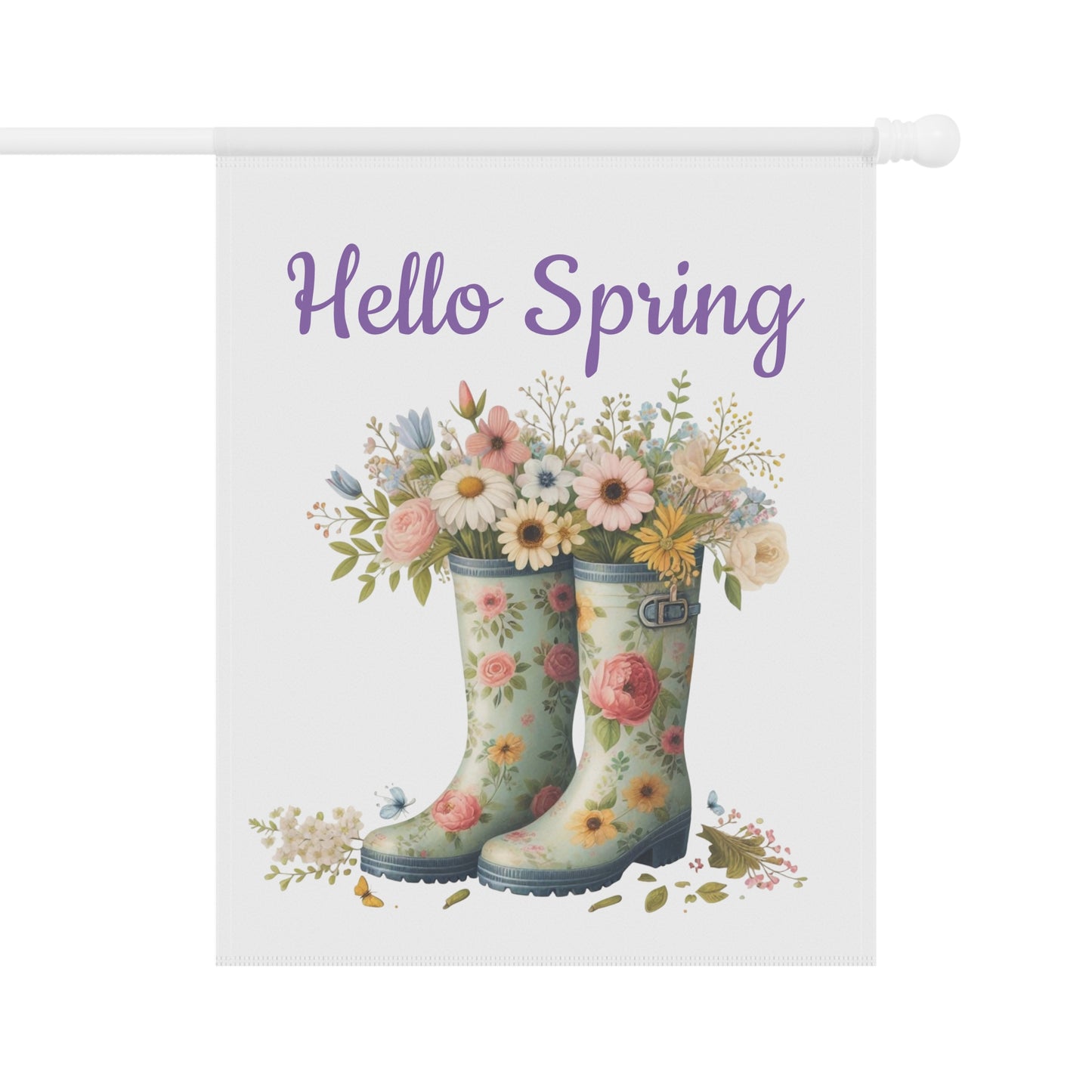 "Hello Spring" Garden Flag with Floral Rain Boots