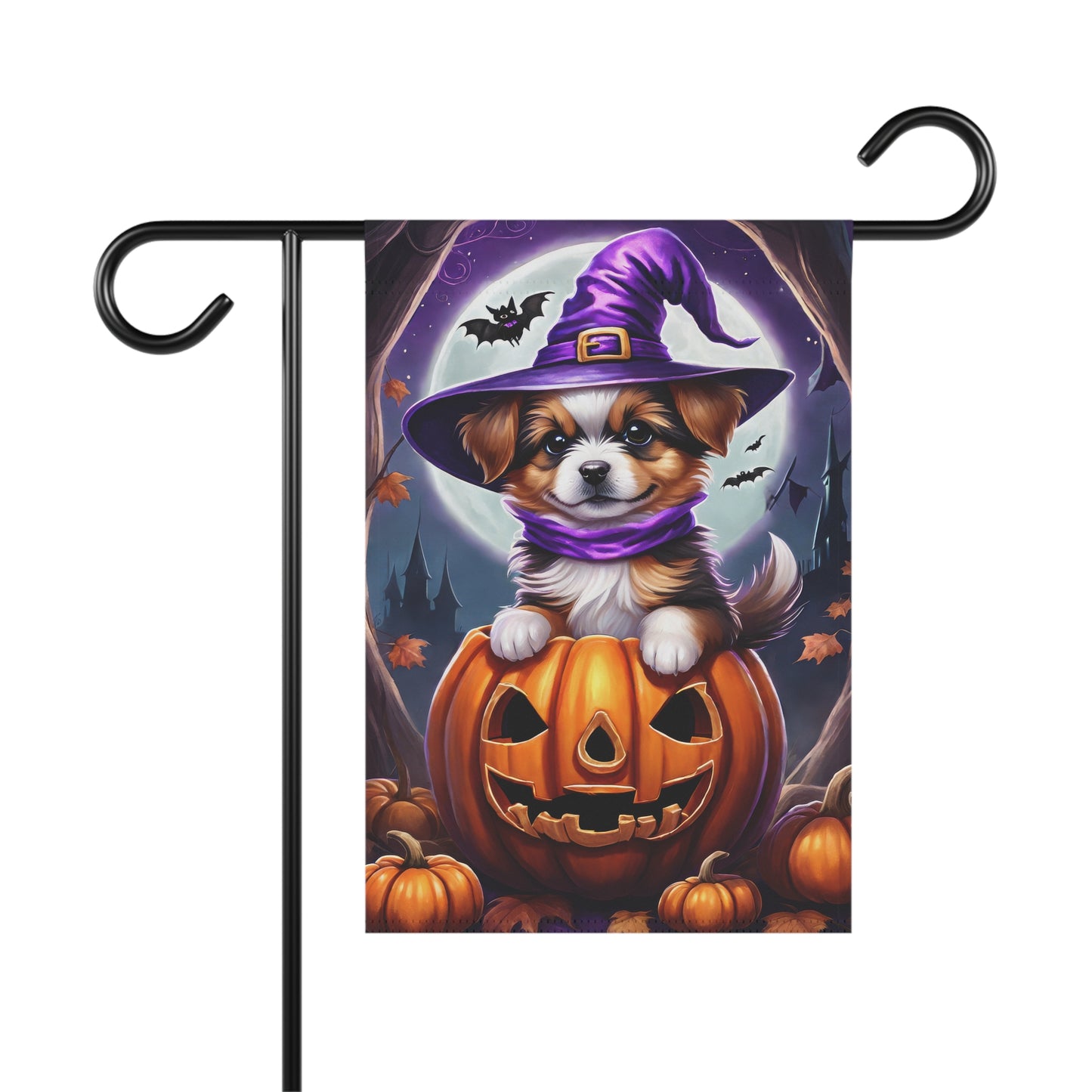 Cute puppy wearing a purple witch hat sitting in a pumpkin on a Halloween garden flag with full moon and bats in the background