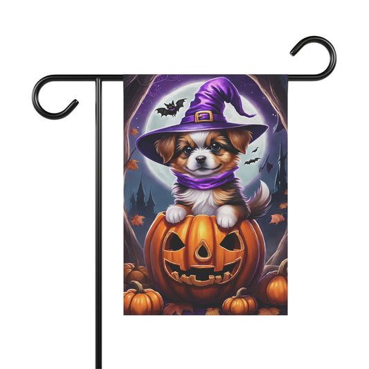 Cute puppy wearing a purple witch hat sitting in a pumpkin on a Halloween garden flag with full moon and bats in the background