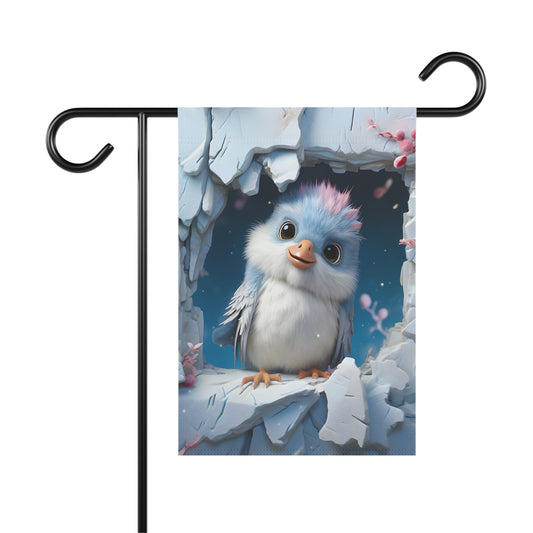 Cute baby bluebird with pink feathers on a spring garden flag surrounded by stone and blossoms