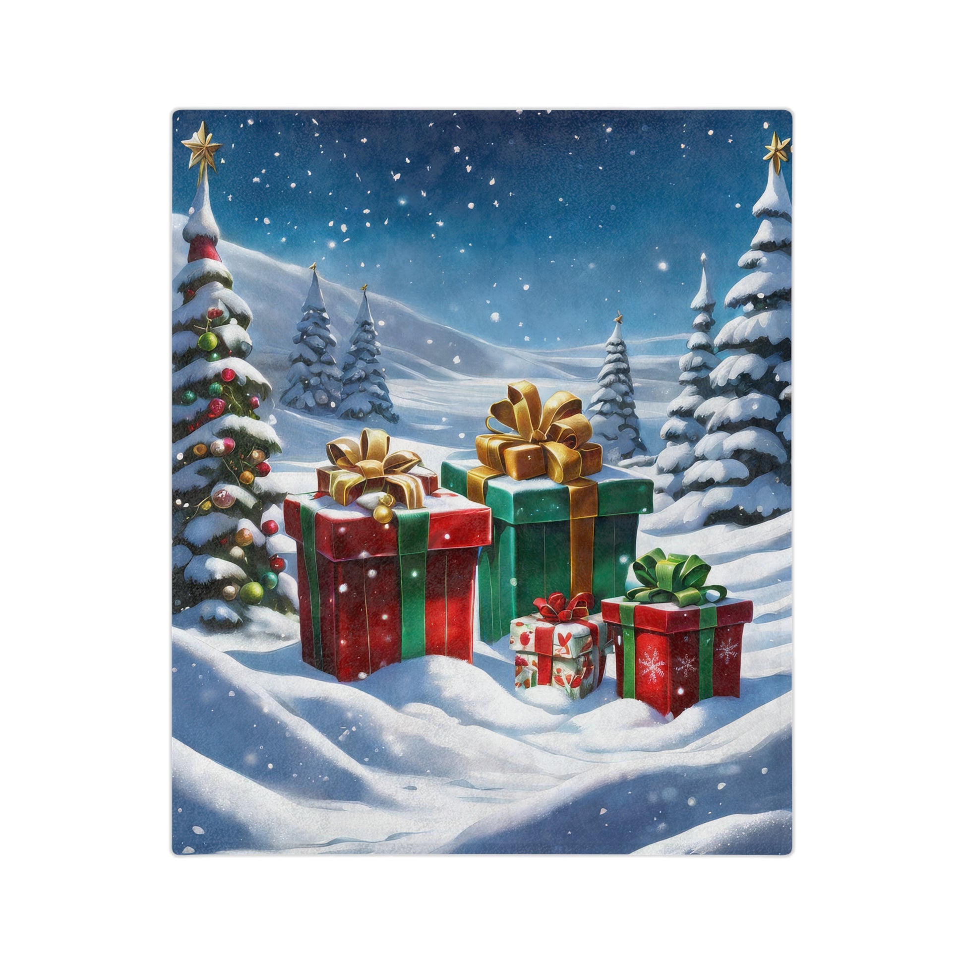 Christmas blanket with wrapped presents in snow, surrounded by decorated pine trees under a snowy night sky