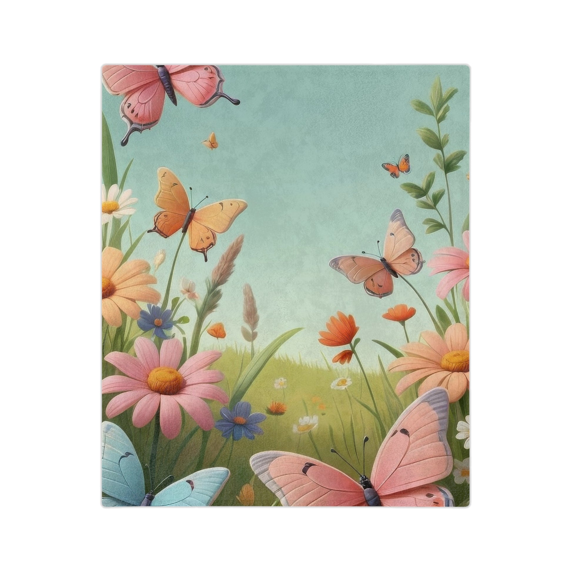 Soft fleece blanket with a vibrant spring design featuring pink, orange, and blue butterflies flying amidst colorful daisies, wildflowers, and green grass on a light blue background.

