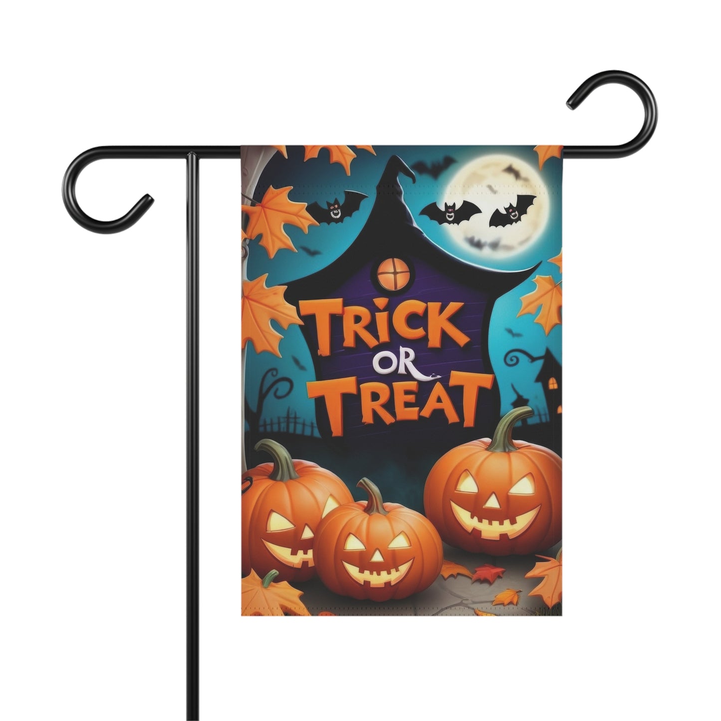 “Halloween garden flag with trick or treat text, jack-o’-lanterns, bats, and full moon”
