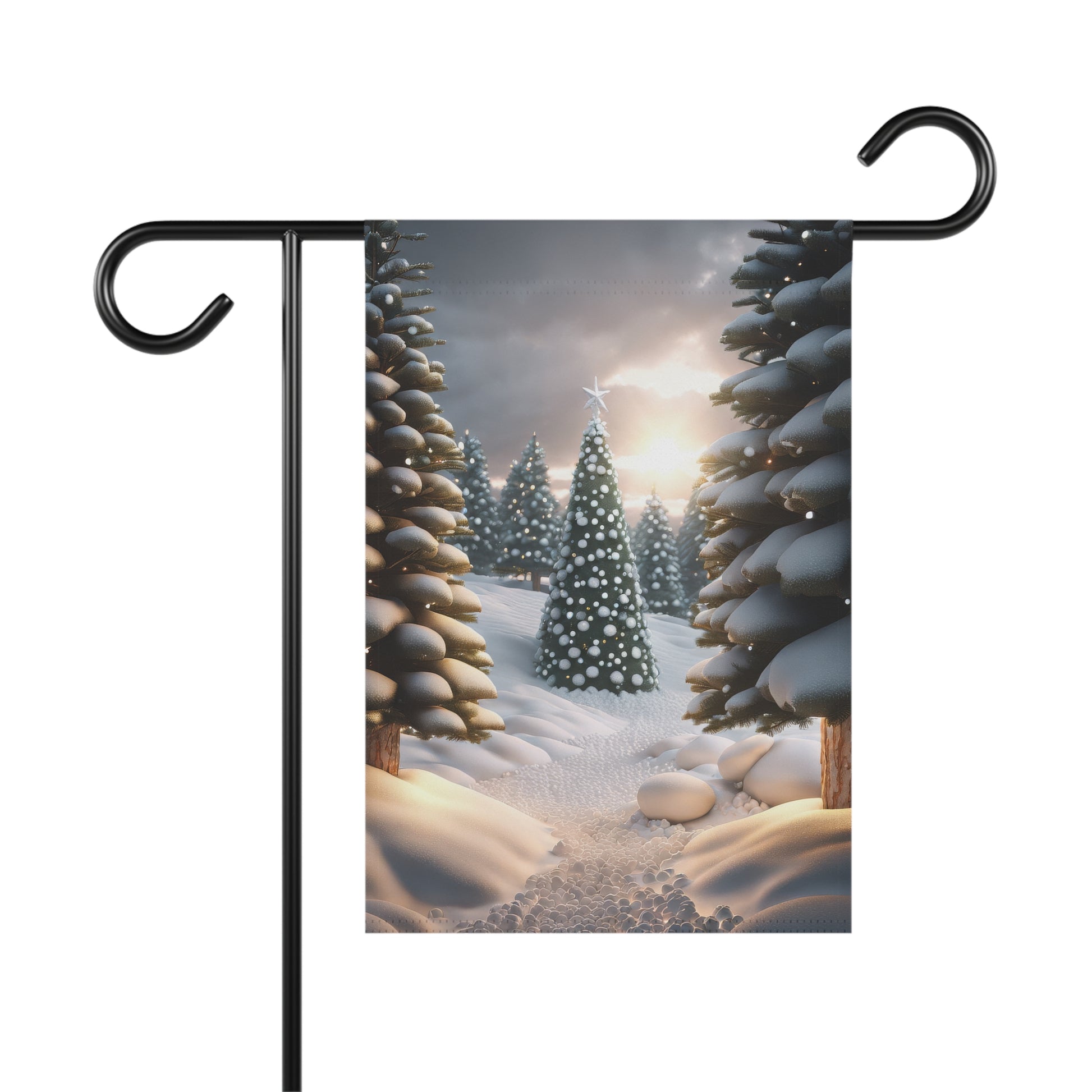 Snowy forest Christmas tree garden flag with a decorated and star-topped tree, surrounded by snow-covered evergreen trees in a serene winter landscape, on a black metal garden flag stand.

