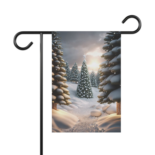 Snowy forest Christmas tree garden flag with a decorated and star-topped tree, surrounded by snow-covered evergreen trees in a serene winter landscape, on a black metal garden flag stand.

